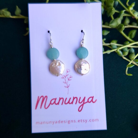 Coin Pearl Cuties - Semi-Precious Amazonite & Coin Pearl Earrings - Picture 6 of 6